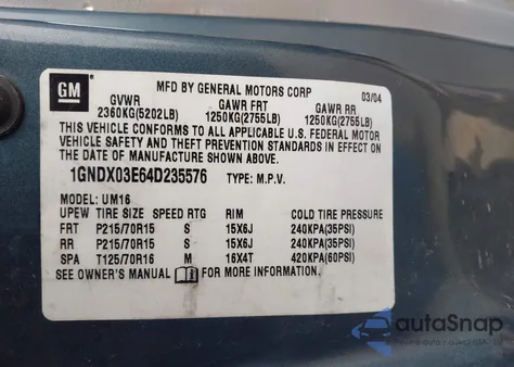 2004 Chevrolet Venture Plus z USA, uszkodzony, nr VIN 1GNDX03E64D235576